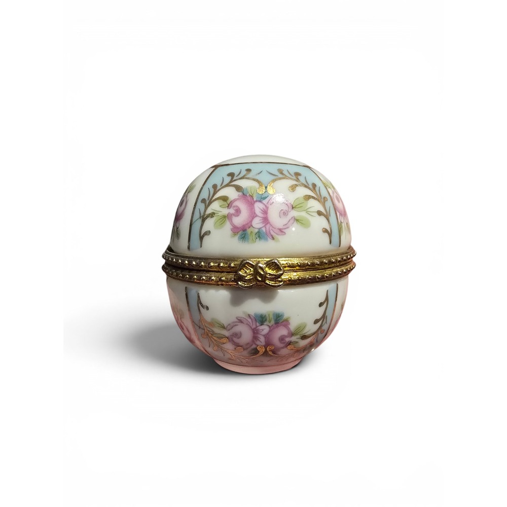 Vintage Porcelain Egg Trinket Box Hand Painted Pink Roses Gold Hinged Bow‎ Clasp